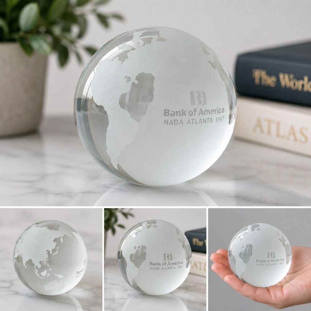 Vintage Glass Globe Paperweight Frosted World Map Bank of America NADA...